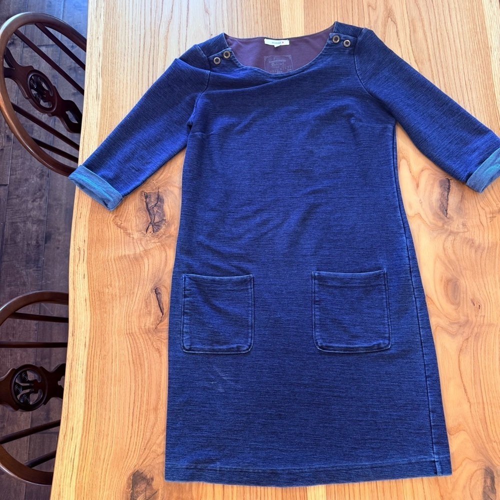 Blue Demin Like Shift Dress with Front Pockets